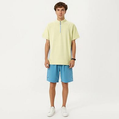 Men's Short Sleeve Athletic T-Shirt with Half Zip Mock Neck Contrast Panels Breathable Lightweight