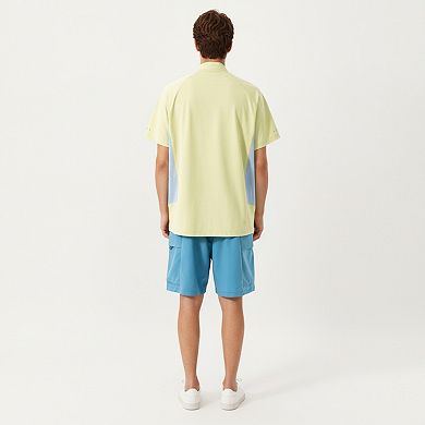 Men's Short Sleeve Athletic T-Shirt with Half Zip Mock Neck Contrast Panels Breathable Lightweight