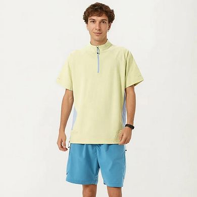 Men's Short Sleeve Athletic T-Shirt with Half Zip Mock Neck Contrast Panels Breathable Lightweight