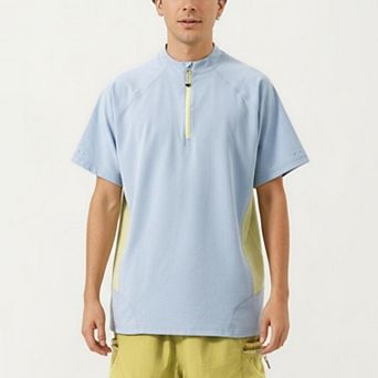 Men's Short Sleeve Athletic T-Shirt with Half Zip Mock Neck Contrast Panels Breathable Lightweight