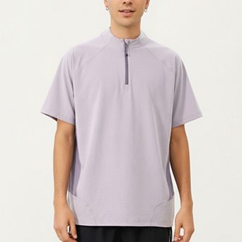 Men's Short Sleeve Athletic T-Shirt with Half Zip Mock Neck Contrast Panels Breathable Lightweight