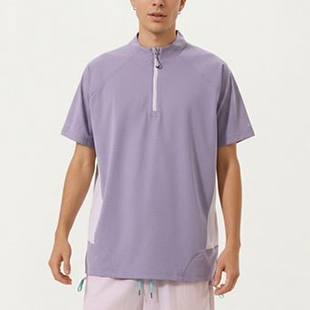 Men's Short Sleeve Athletic T-Shirt with Half Zip Mock Neck Contrast Panels Breathable Lightweight