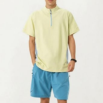 Men's Short Sleeve Athletic T-Shirt with Half Zip Mock Neck Contrast Panels Breathable Lightweight