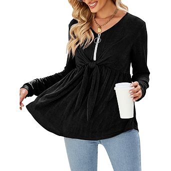 Women's Blouse Tops Elegant V Neck Peplum Tops High Waist Zipper Tie Front Long Sleeve Shirts
