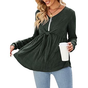Women's Blouse Tops Elegant V Neck Peplum Tops High Waist Zipper Tie Front Long Sleeve Shirts