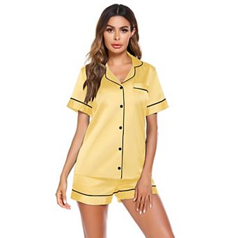 Ekouaer Satin Pajamas for Women Button Down Sleepwear Soft Silk Loungewear Short Sleeve Top