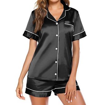 Ekouaer Satin Pajamas for Women Button Down Sleepwear Soft Silk Loungewear Short Sleeve Top