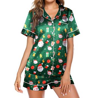 Ekouaer Satin Pajamas for Women Button Down Sleepwear Soft Silk Loungewear Short Sleeve Top