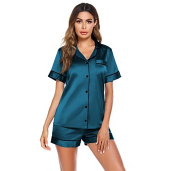 Ekouaer Satin Pajamas for Women Button Down Sleepwear Soft Silk Loungewear Short Sleeve Top