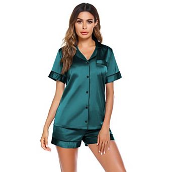 Ekouaer Satin Pajamas for Women Button Down Sleepwear Soft Silk Loungewear Short Sleeve Top