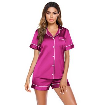 Ekouaer Satin Pajamas for Women Button Down Sleepwear Soft Silk Loungewear Short Sleeve Top