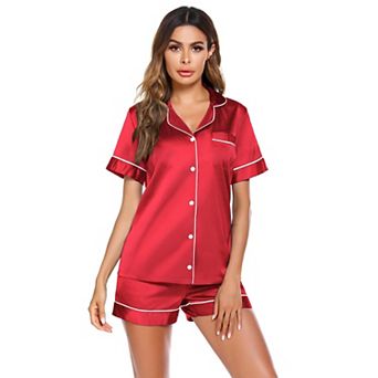 Ekouaer Satin Pajamas for Women Button Down Sleepwear Soft Silk Loungewear Short Sleeve Top