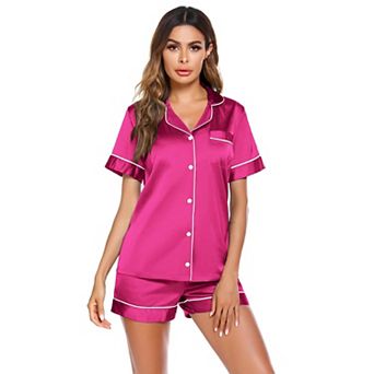 Ekouaer Satin Pajamas for Women Button Down Sleepwear Soft Silk Loungewear Short Sleeve Top