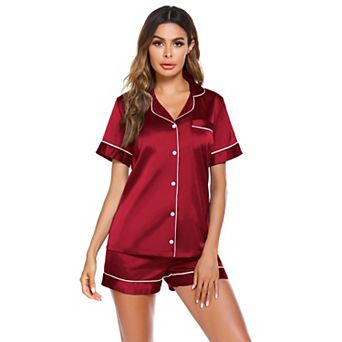 Ekouaer Satin Pajamas for Women Button Down Sleepwear Soft Silk Loungewear Short Sleeve Top