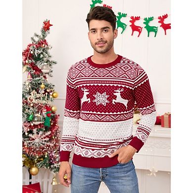 Men's Crewneck Christmas Sweater Reindeer Snowflake Pattern Knitted Pullove Casual Holiday Jumper