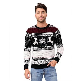 Men's Crewneck Christmas Sweater Reindeer Snowflake Pattern Knitted Pullove Casual Holiday Jumper