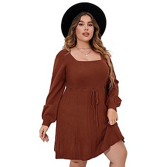 Plus Size Women's Square Neck Knit Dress Long Puff Sleeve Drawstring Waist Ribbed Midi Sweater Dress