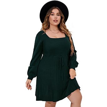 Plus Size Women's Square Neck Knit Dress Long Puff Sleeve Drawstring Waist Ribbed Midi Sweater Dress