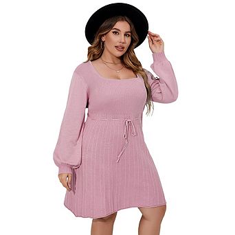Plus Size Women's Square Neck Knit Dress Long Puff Sleeve Drawstring Waist Ribbed Midi Sweater Dress