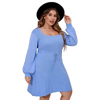 Plus Size Women's Square Neck Knit Dress Long Puff Sleeve Drawstring Waist Ribbed Midi Sweater Dress