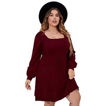 Plus Size Women's Square Neck Knit Dress Long Puff Sleeve Drawstring Waist Ribbed Midi Sweater Dress