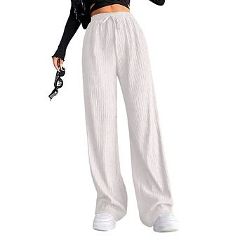 Women Palazzo Pants Summer Fashion High Waisted Wide Leg Drawstring Flowy Beach Trousers with Pocket