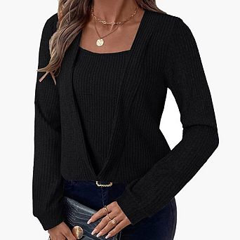 Women's Fake Two-Piece Crew Neck Long Sleeve T-Shirt Loose Striped Top Knitted Daily Versatile Top