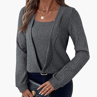 Women's Fake Two-Piece Crew Neck Long Sleeve T-Shirt Loose Striped Top Knitted Daily Versatile Top