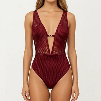 Women's Deep V Neck One Piece Swimsuit with Mesh Panel Design Halter Strap Open Back Textured Fit