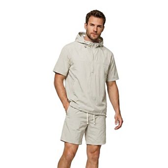 Men's 2 pc Hoodie & Shorts Set Lightweight Short Sleeve Half-Zip Activewear