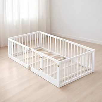 Lufeiya Full Size Rubber Wood Kids Floor Bed with Fence and Door with Slats