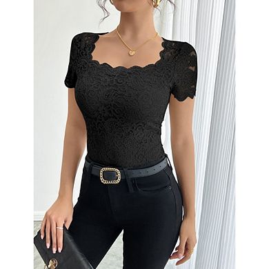Women's Floral Lace Short Sleeve Blouse Square Neck Sheer Lace Top
