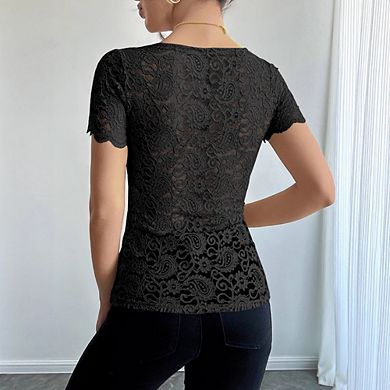 Women's Floral Lace Short Sleeve Blouse Square Neck Sheer Lace Top