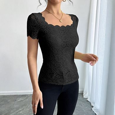 Women's Floral Lace Short Sleeve Blouse Square Neck Sheer Lace Top