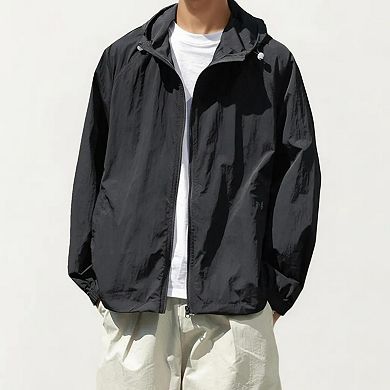 Men's Lightweight Hooded Windbreaker Jacket with Full Zip Closure Elastic Cuffs and Relaxed Fit