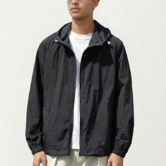 Men's Lightweight Hooded Windbreaker Jacket with Full Zip Closure Elastic Cuffs and Relaxed Fit