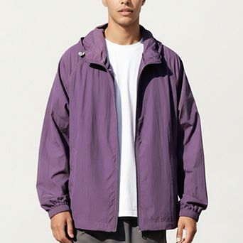 Men's Lightweight Hooded Windbreaker Jacket with Full Zip Closure Elastic Cuffs and Relaxed Fit