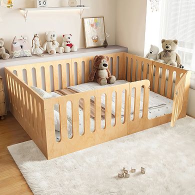 Lufeiya Solid Wood Kids Queen Size Montessori Floor Bed with High Fence and Door
