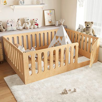 Lufeiya Solid Wood Kids Queen Size Montessori Floor Bed with High Fence and Door