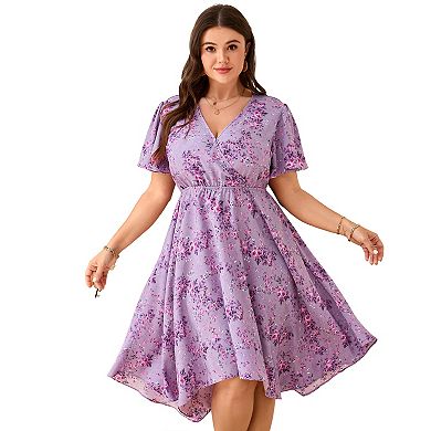 Plus Size Floral Midi Dress with Wrap V-Neck Lightweight Flowy Fabric for Summer Vacations Brunch