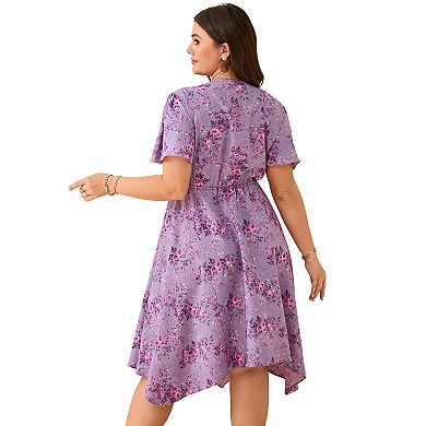 Plus Size Floral Midi Dress with Wrap V-Neck Lightweight Flowy Fabric for Summer Vacations Brunch