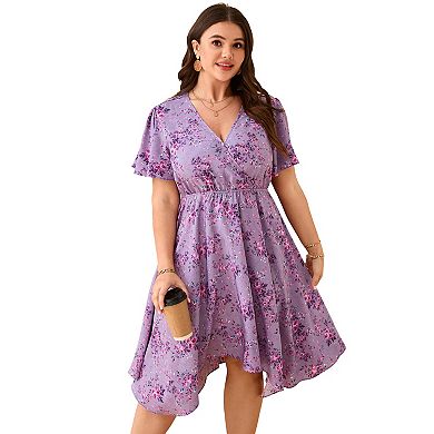 Plus Size Floral Midi Dress with Wrap V-Neck Lightweight Flowy Fabric for Summer Vacations Brunch