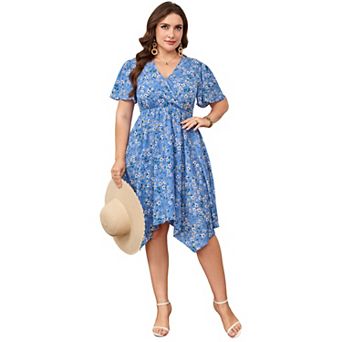 Plus Size Floral Midi Dress with Wrap V-Neck Lightweight Flowy Fabric for Summer Vacations Brunch
