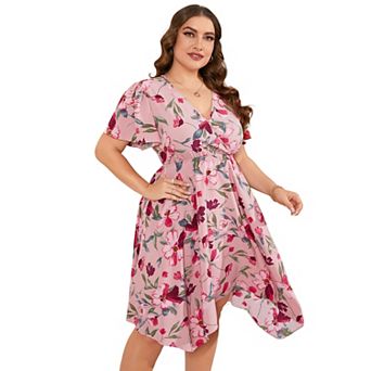 Plus Size Floral Midi Dress with Wrap V-Neck Lightweight Flowy Fabric for Summer Vacations Brunch