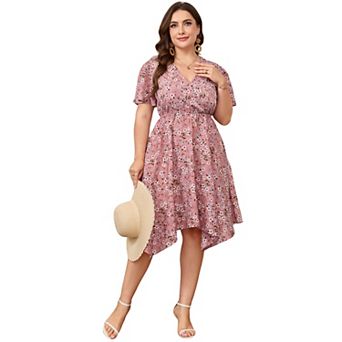 Plus Size Floral Midi Dress with Wrap V-Neck Lightweight Flowy Fabric for Summer Vacations Brunch