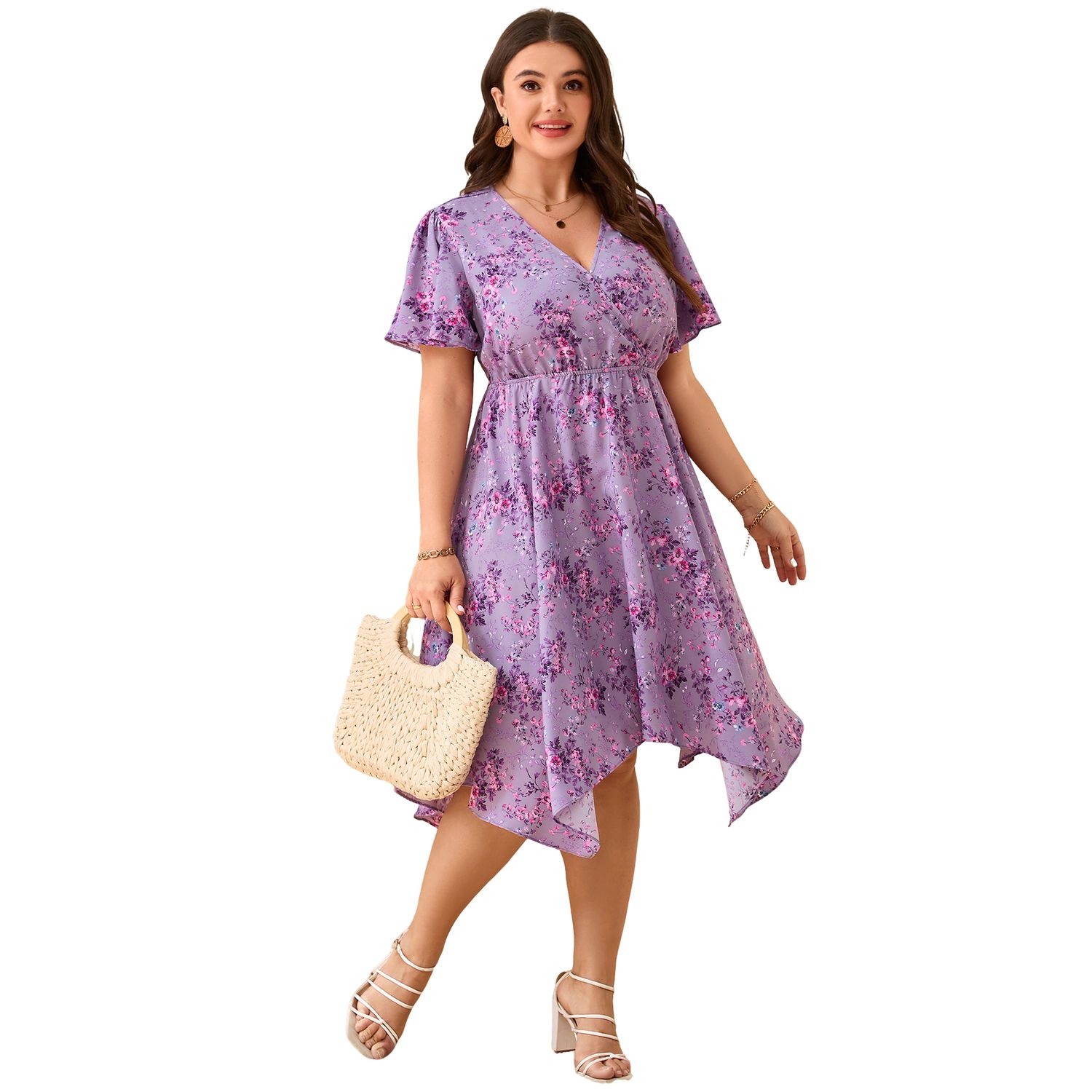 Женские платья Plus Size Floral Midi Dress with Wrap V-Neck Lightweight Flowy Fabric for Summer Vacations Brunch