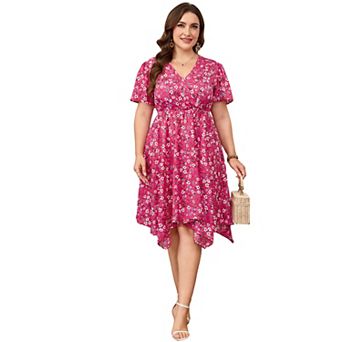 Plus Size Floral Midi Dress with Wrap V-Neck Lightweight Flowy Fabric for Summer Vacations Brunch