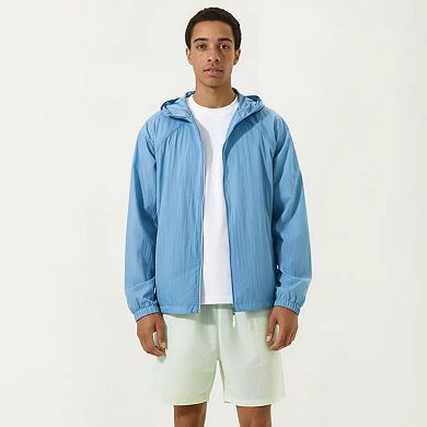 Men's Lightweight Hooded Windbreaker Jacket with Full Zip Closure Elastic Cuffs and Relaxed Fit