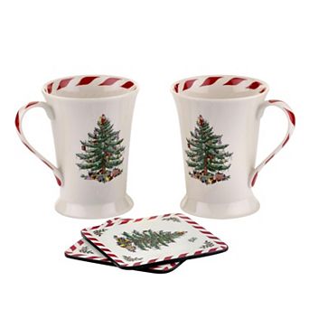 Spode Christmas Tree Mug & Coaster Set - 2 Porcelain Mugs & Square Cork Back Coasters