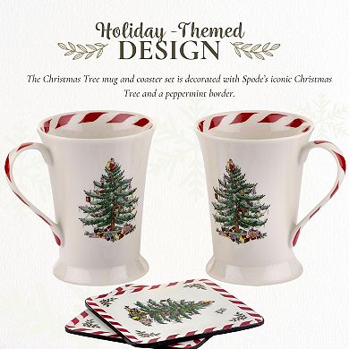 Spode Christmas Tree Mug & Coaster Set - 2 Porcelain Mugs & Square Cork Back Coasters